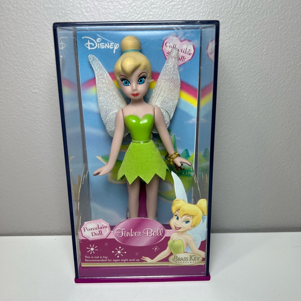 Vintage Disney Porcelain TINKER BELL doll new in the case -Brass Key keepsakes